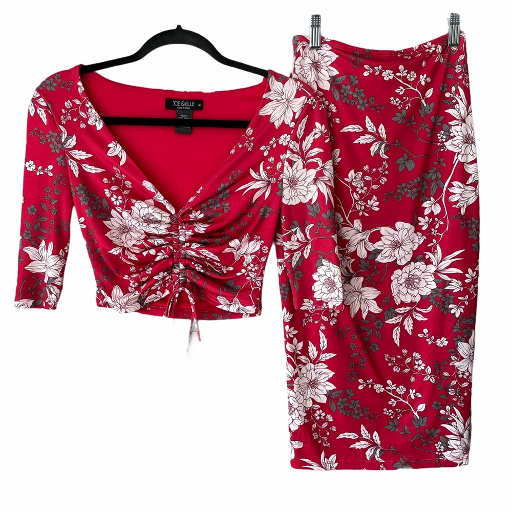Joe & Elle 2 Piece Red Floral Fitted Top & Skirt